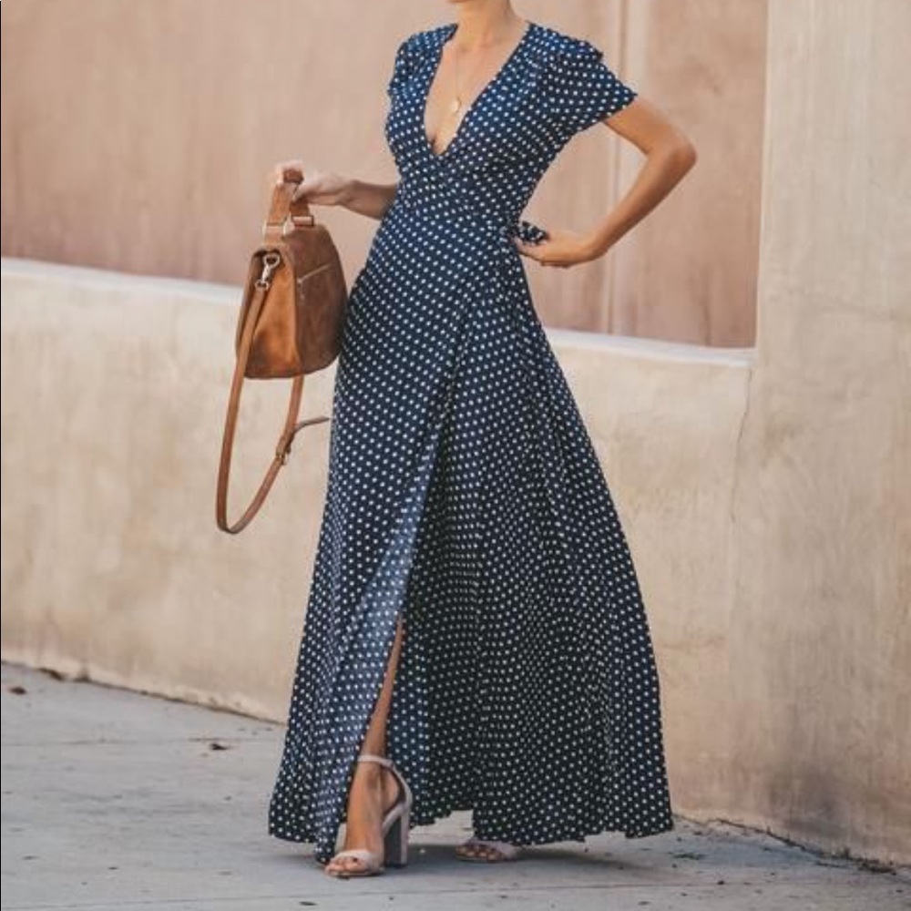 Navy Polka Dot Wrap Maxi Dress